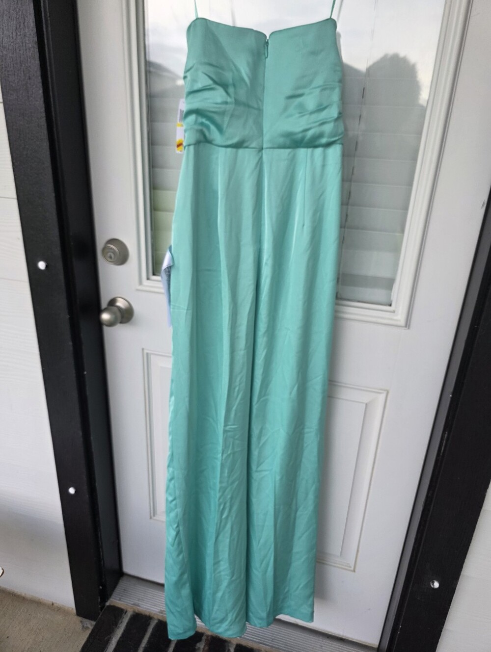 Dress The Population Mint Green Satin Wide Leg Jumpsuit Ruched Cowl Neck Size M - Picture 11 of 12